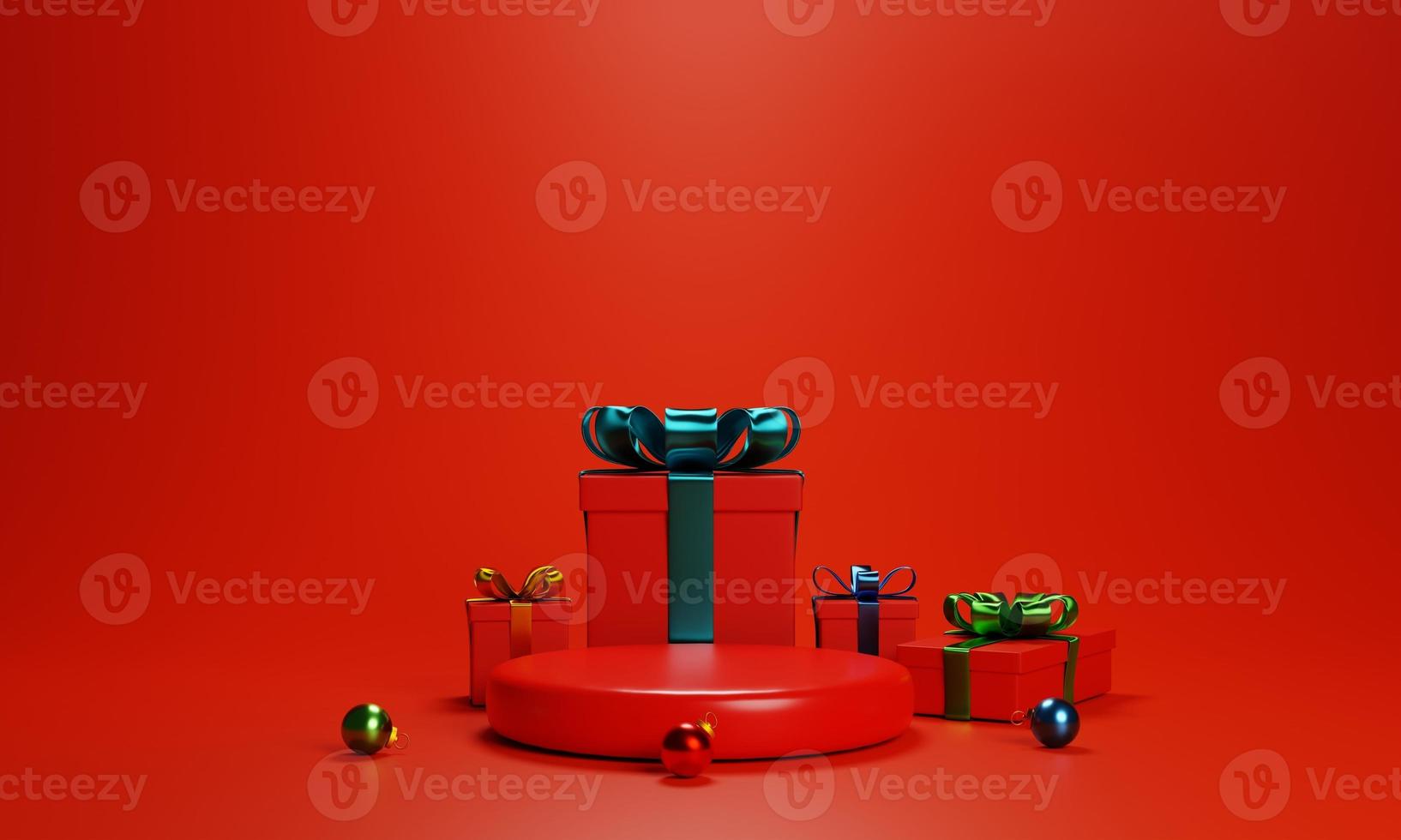3d red podium with gift box for product presentation on red background. 3d rendering product background photo