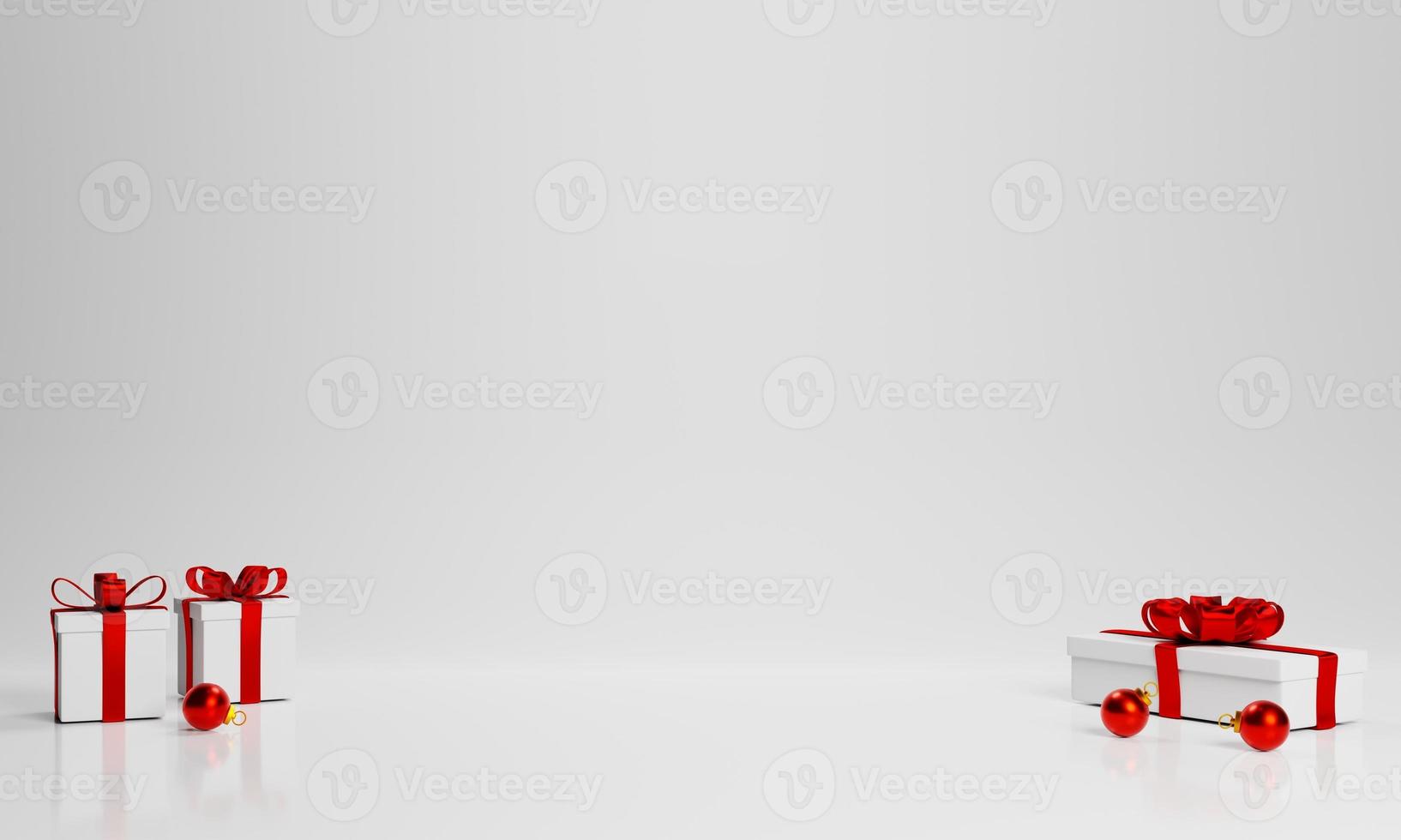 empty white background with white gift box on 3d rendering. 3d render gift box with red ribbon photo