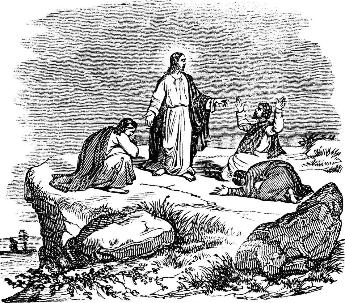 Jesus Speaks to His Disciples after the Transfiguration vintage illustration. vector