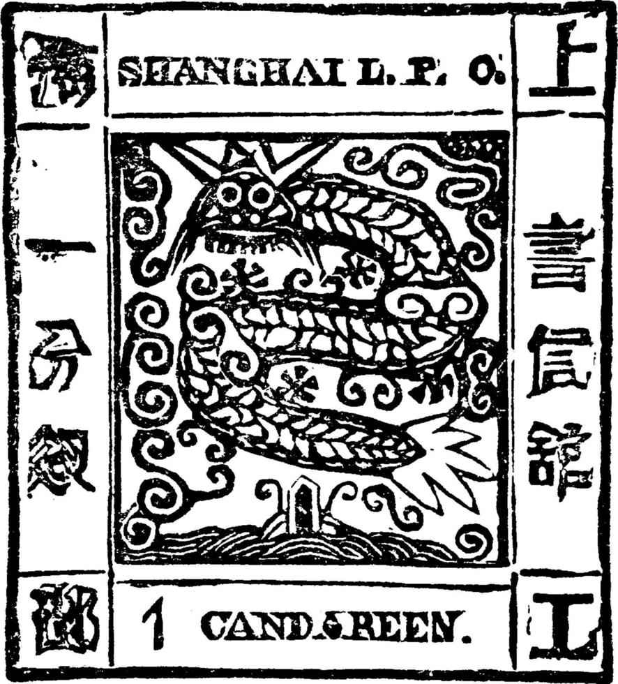 Shanghai 1 Candareen Stamp in 1865, vintage illustration. vector