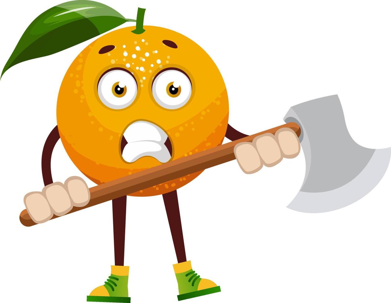 Orange with axe, illustration, vector on white background.