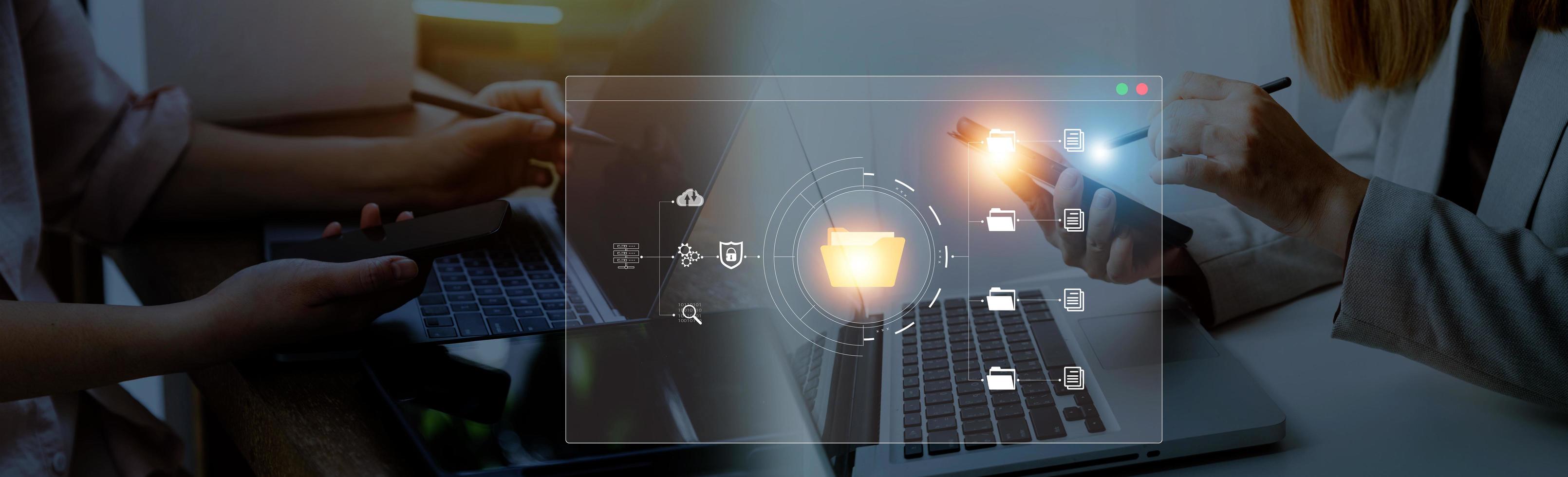 Document management system concept, business man holding folder and document icon software, searching and managing files online document database, for efficient archiving and company data. photo