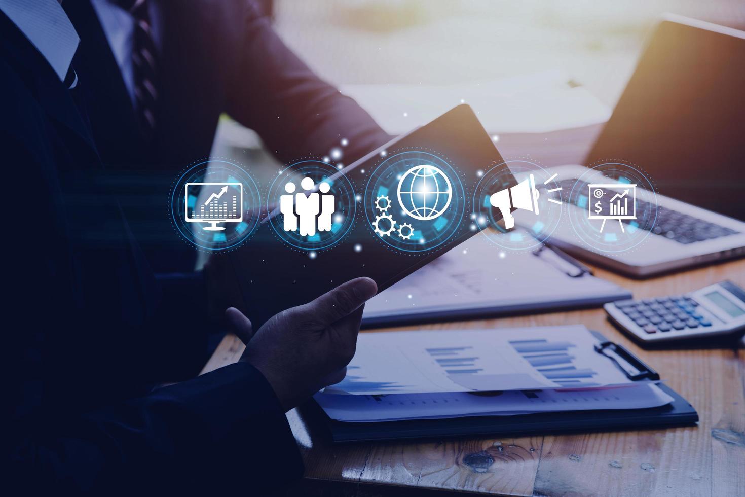 Hand shows the sign and icon of Digital marketing internet advertising and sales increase business technology concept, online marketing, E-business, Ecommerce, Business online. photo