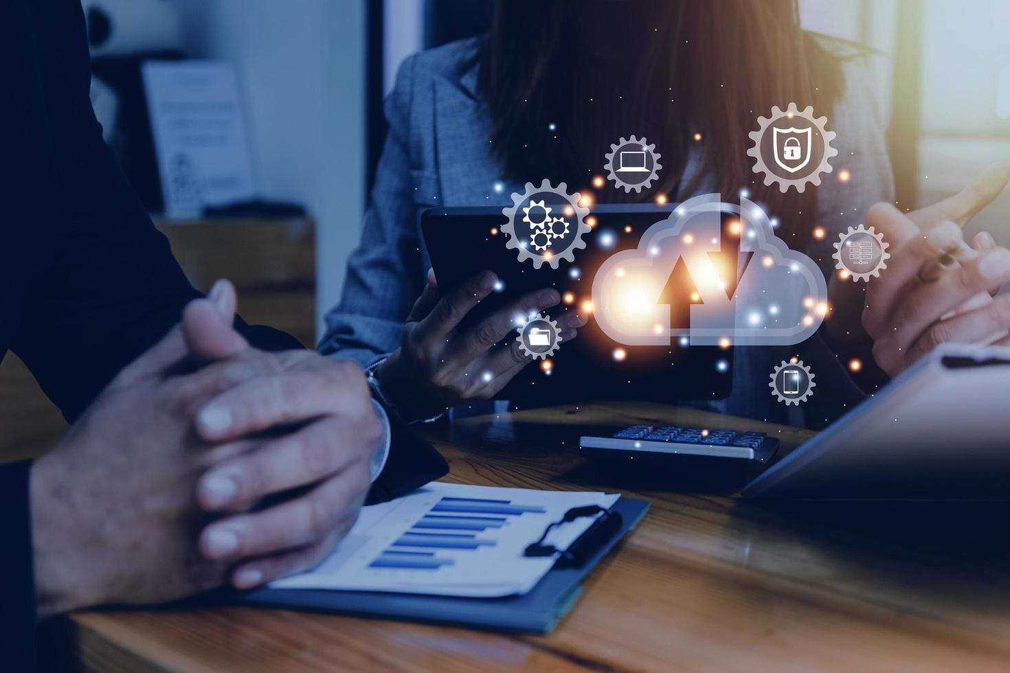 man use Laptop with cloud computing diagram show on hand. Cloud technology. Data storage. Networking and internet service concept. photo