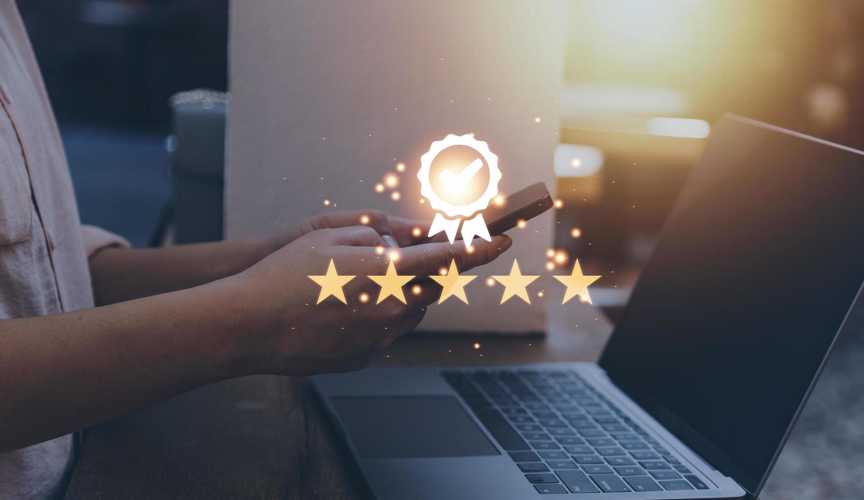 Hand shows the sign of the top service Quality assurance, thumb up and 5 star, best product, Guarantee, Standards, ISO certification and standardization concept. photo