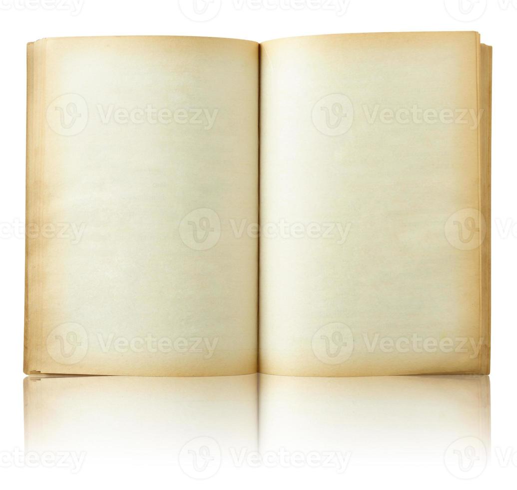 Old book open on reflect floor and white background photo