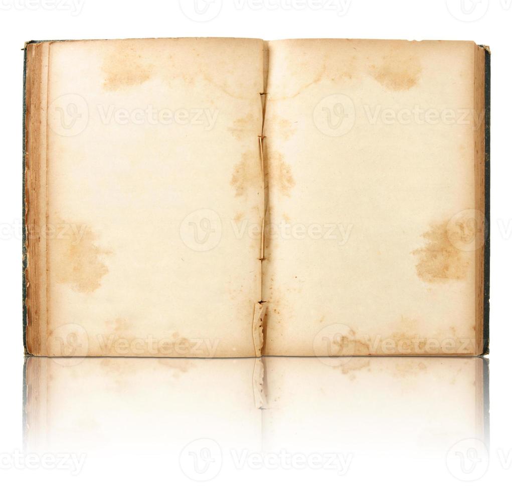 Old book open on reflect floor and white background photo