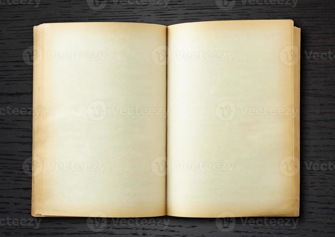 old book open on dark wood background photo