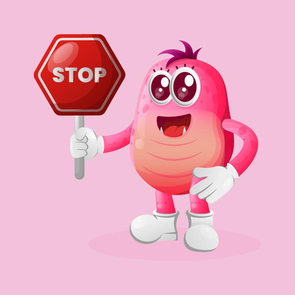 Cute pink monster holding stop sign, street sign, road sign vector