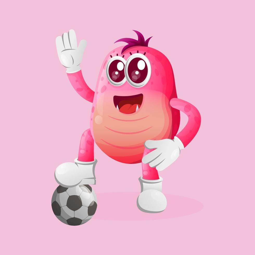 lindo monstruo rosa jugar al fútbol, balón de fútbol vector