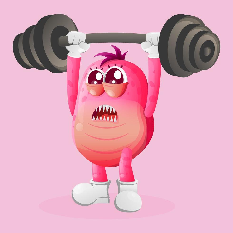 Cute pink monster bodybuilding with barbell vector