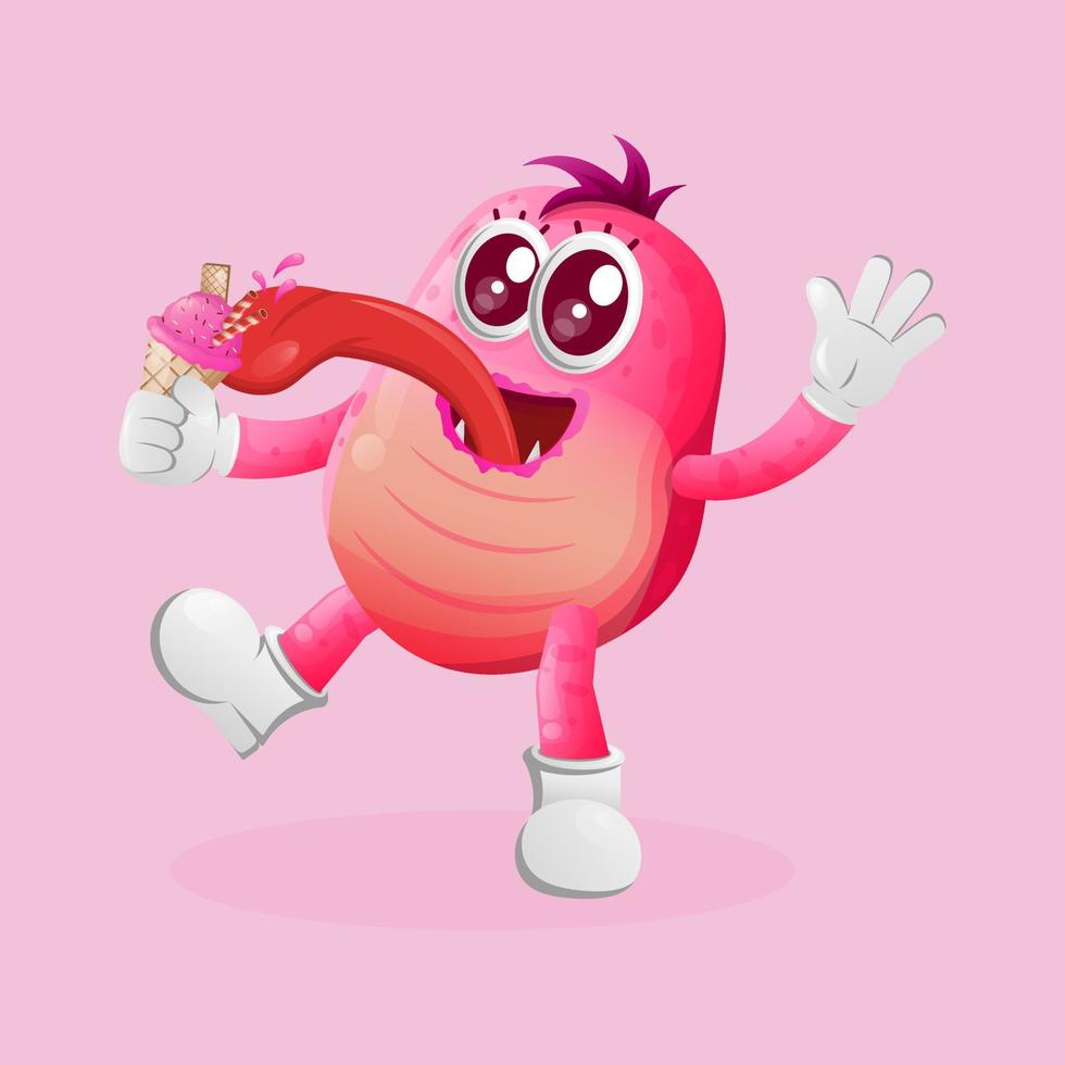 Cute pink monster eat ice cream vector