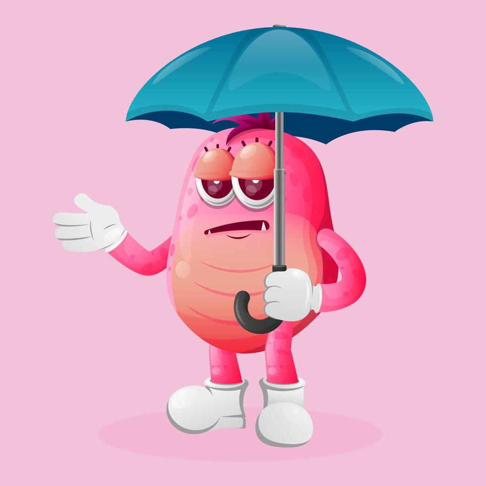 lindo monstruo rosa sosteniendo paraguas con expresión aburrida vector