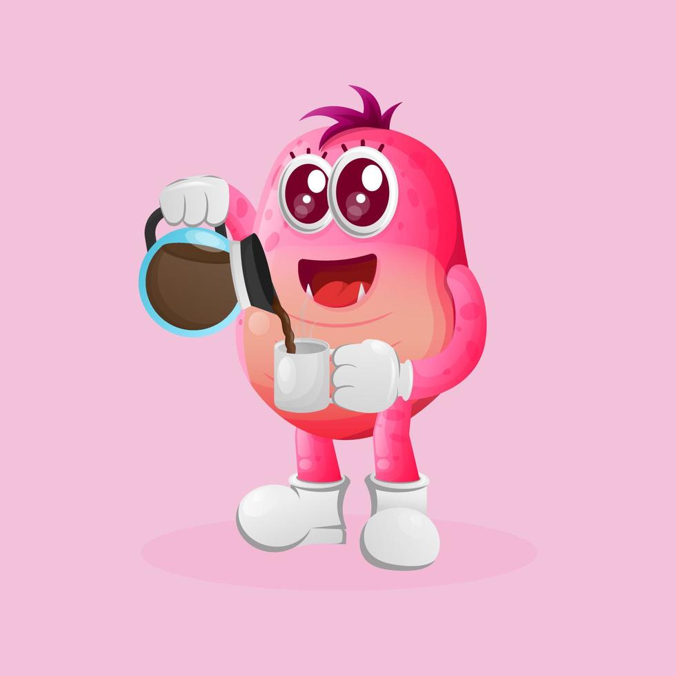 Cute pink monster drinking coffee, coffee time vector