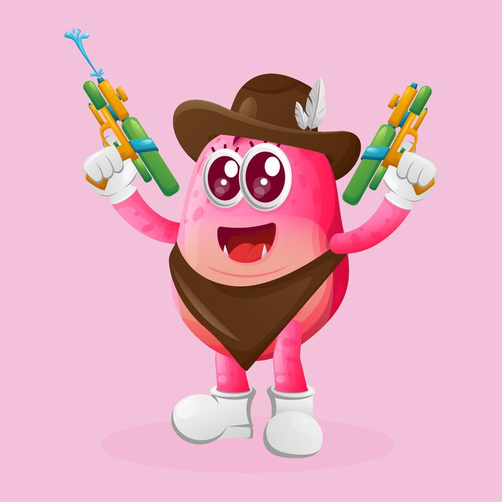 Cute pink monster playing with water gun toy vector