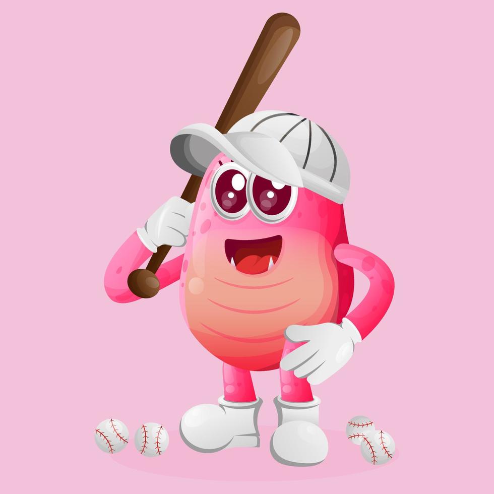 Cute pink monster playing baseball vector