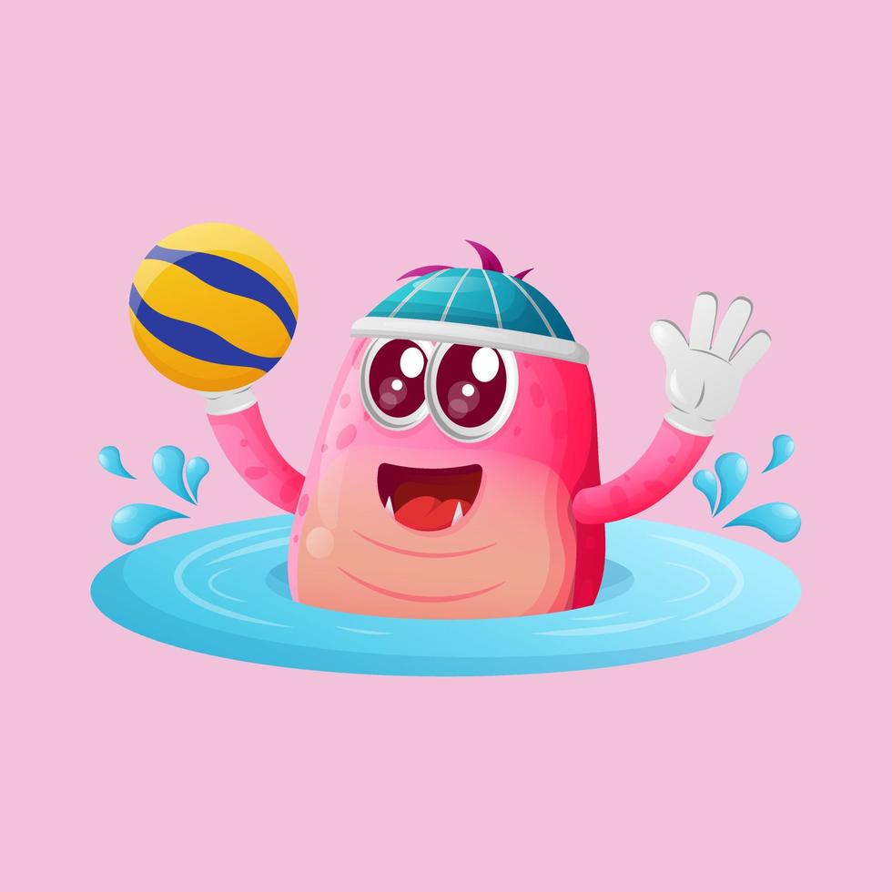 lindo monstruo rosa jugando waterpolo vector