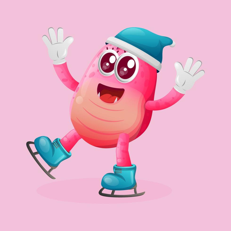 Cute pink monster ice skating vector