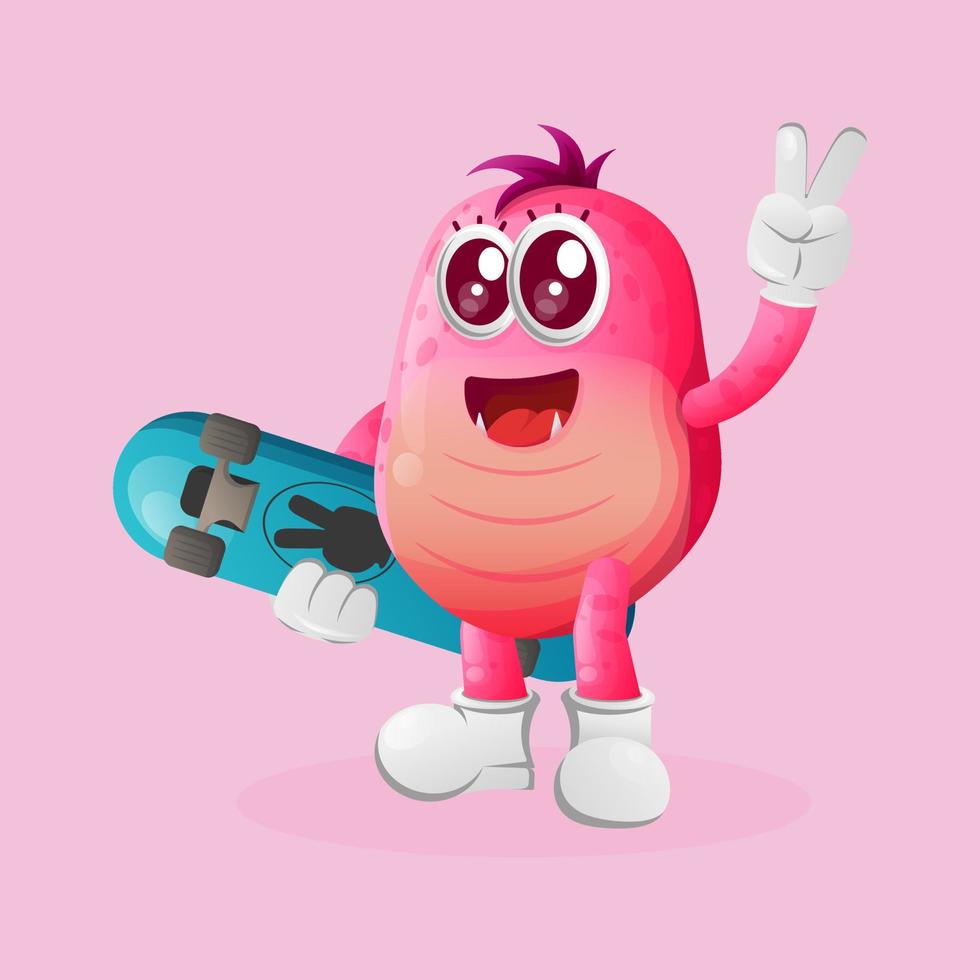 Cute pink monster carrying a skateboard vector