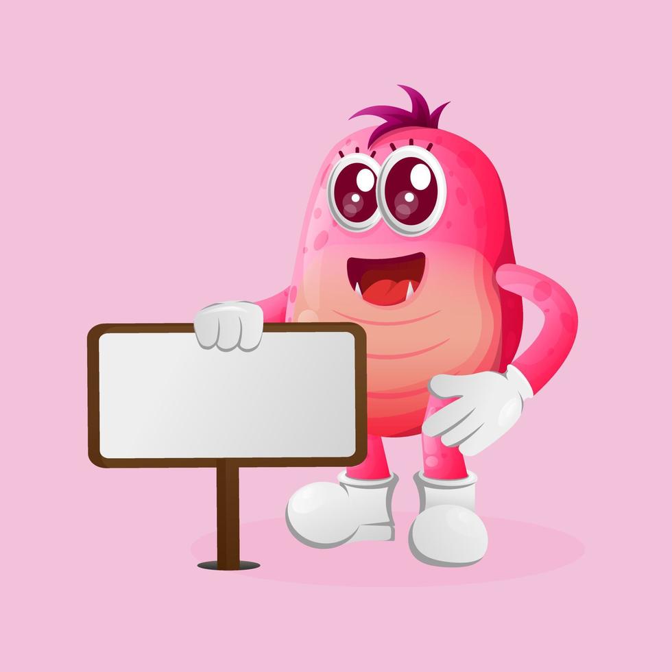 Cute pink monster standing next to a billboard vector