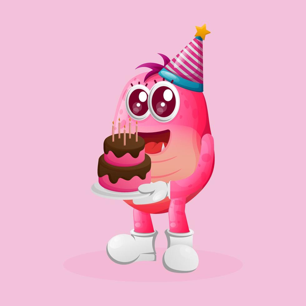 lindo monstruo rosa con un sombrero de cumpleaños, sosteniendo un pastel de cumpleañosv vector