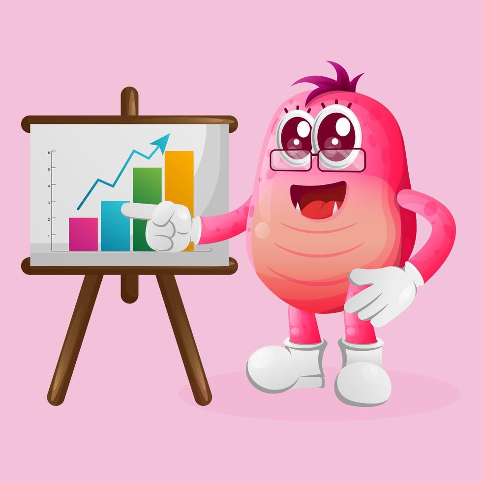 Cute pink monster gives report presentation, shows column graphics vector