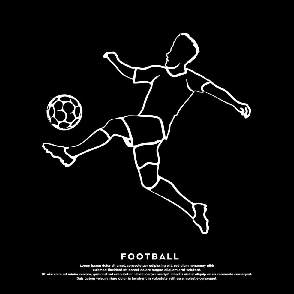 arte de línea blanca del jugador de fútbol saltando pateando una pelota aislada en fondo negro vector