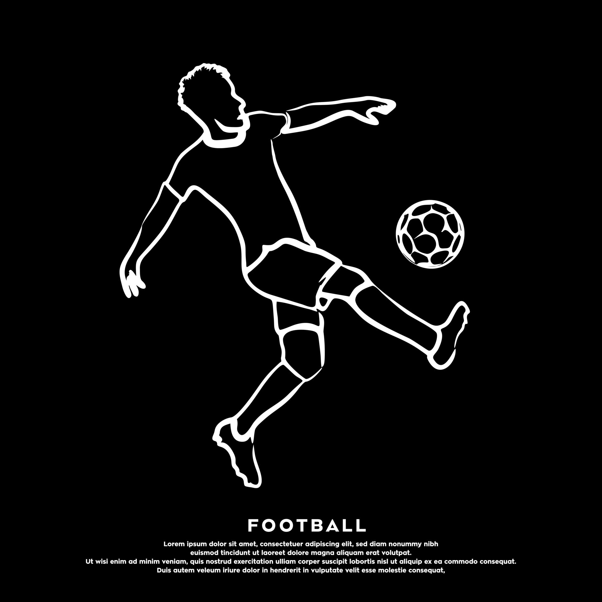 Vector white line football player kicking the ball isolated on black