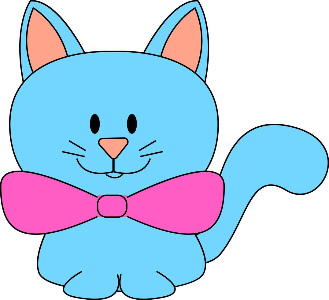 gato azul con pajarita rosa, ilustración, vector sobre fondo blanco.