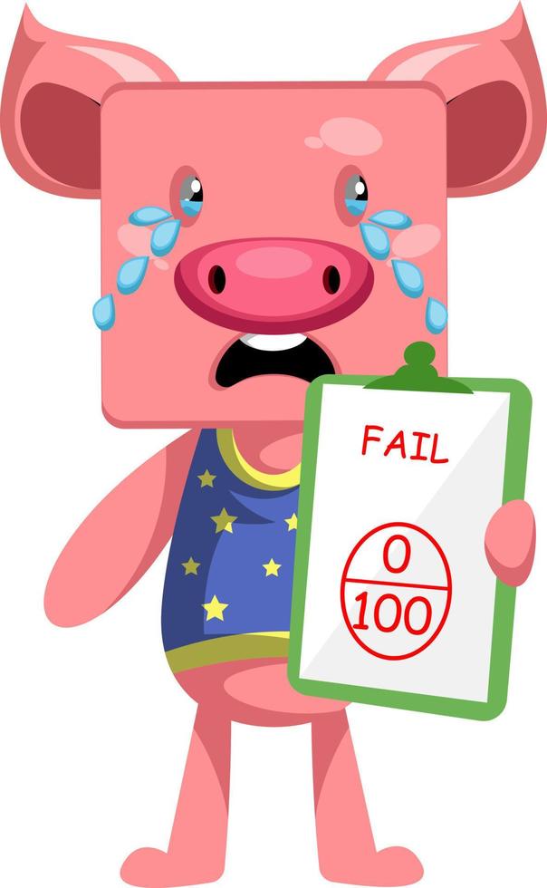Pig with bad grade, illustration, vector on white background.