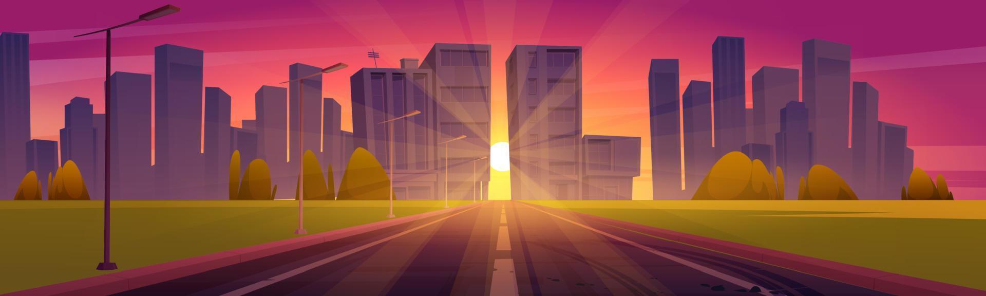 Road to city with buildings on skyline at sunset vector