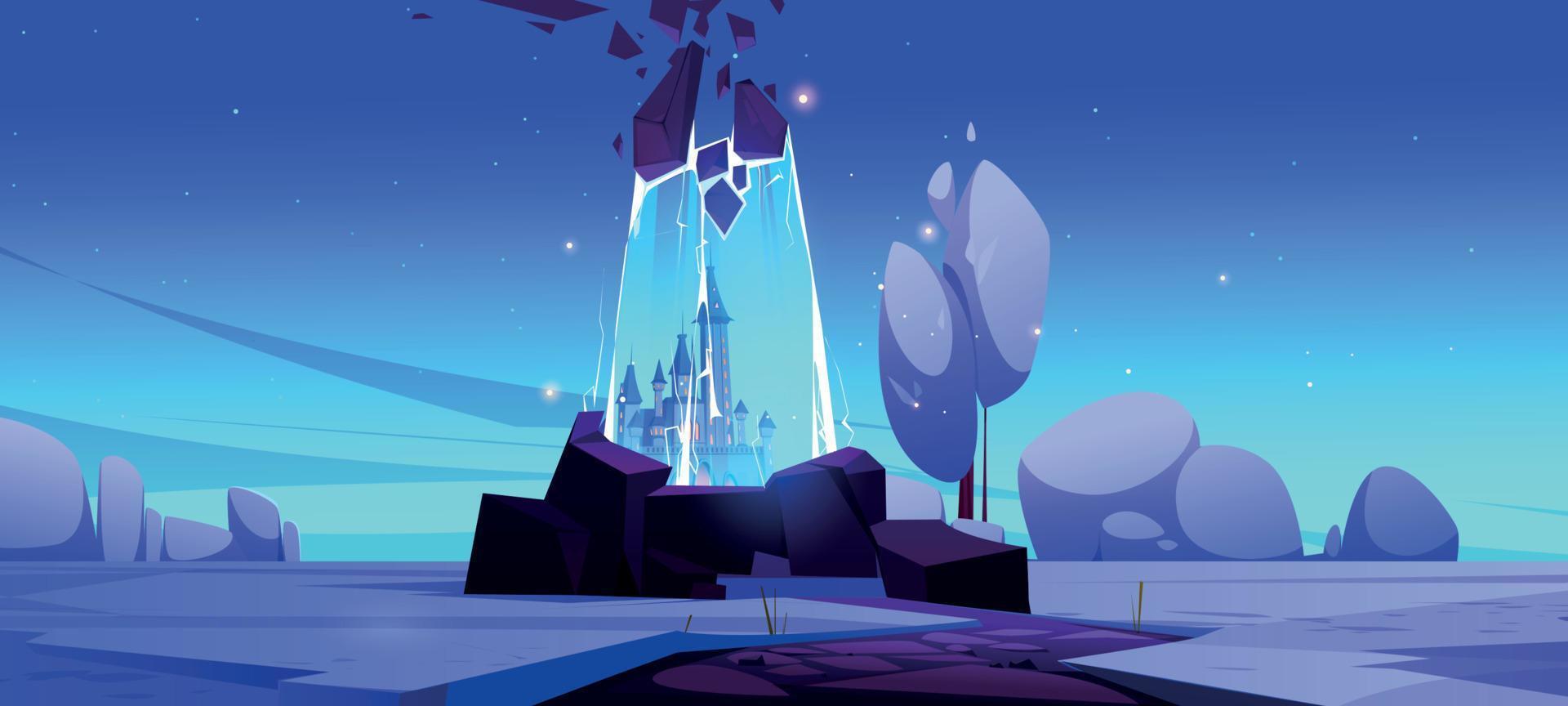 portal mágico con castillo de cuento de hadas en resplandor azul vector
