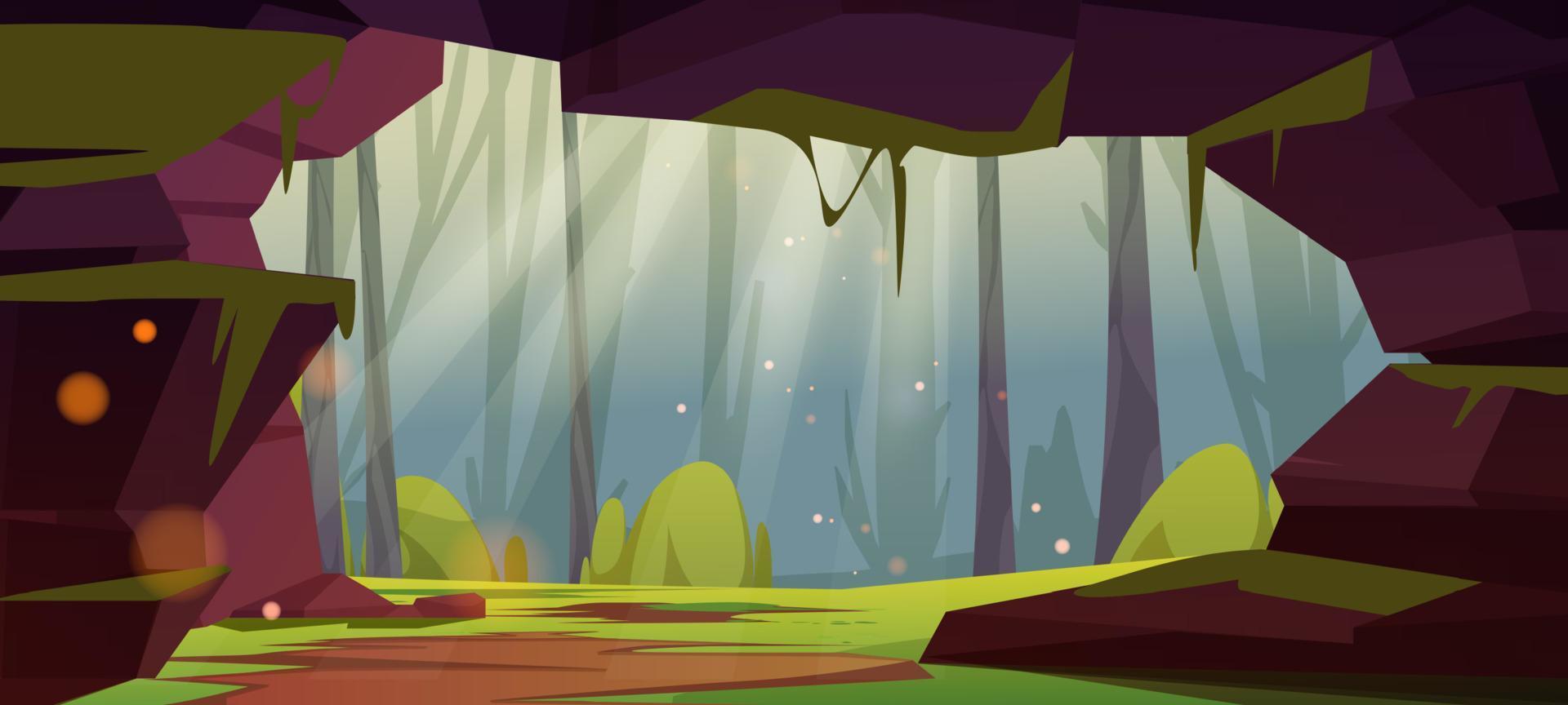 Jungle cave entrance, hole in rock with trees vector