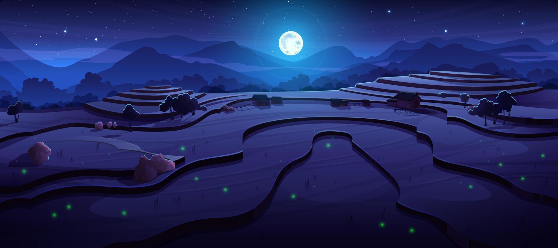 Night rice field terraces at asian landscape scene vector