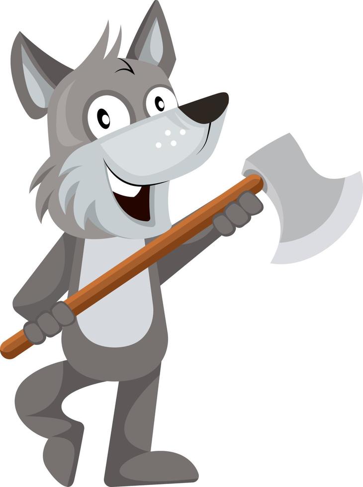 Lobo con hacha, ilustración, vector sobre fondo blanco.
