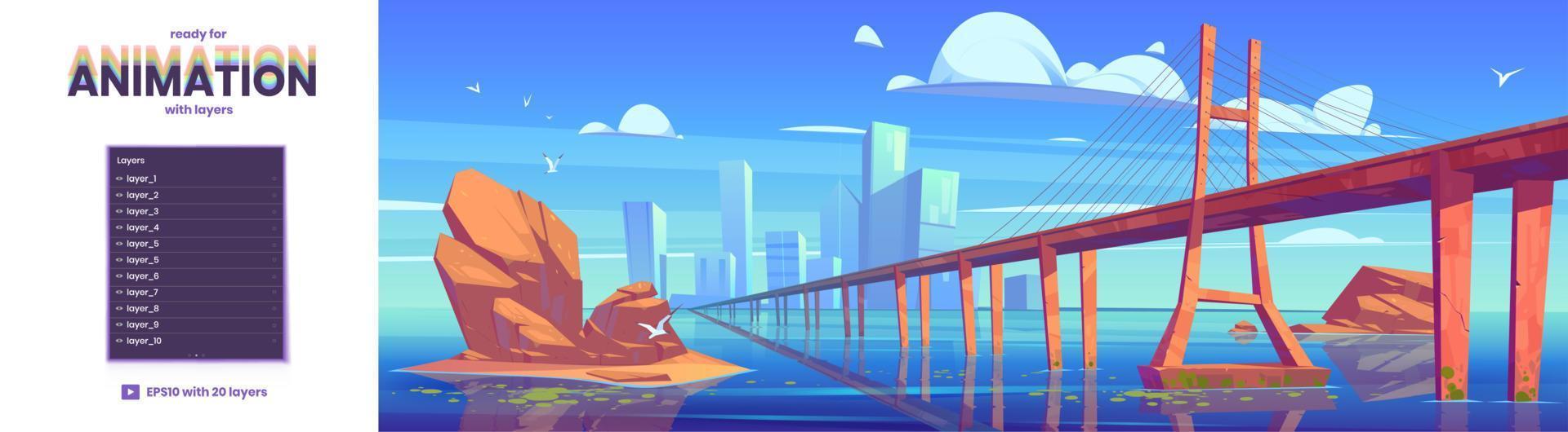 Parallax background with bridge over river vector