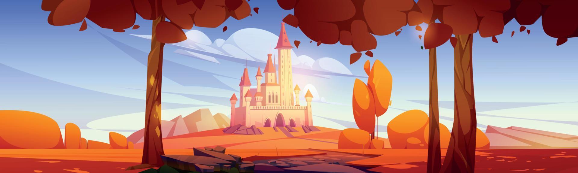 Autumn landscape with road to castle on hill vector