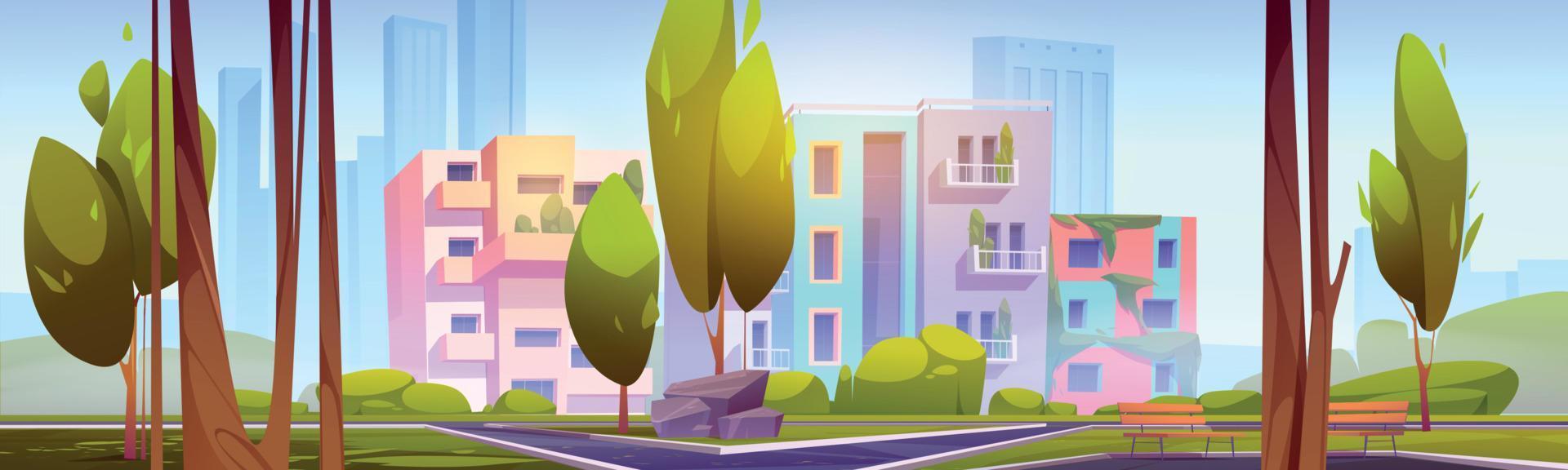 City park with trees, benches and eco houses vector