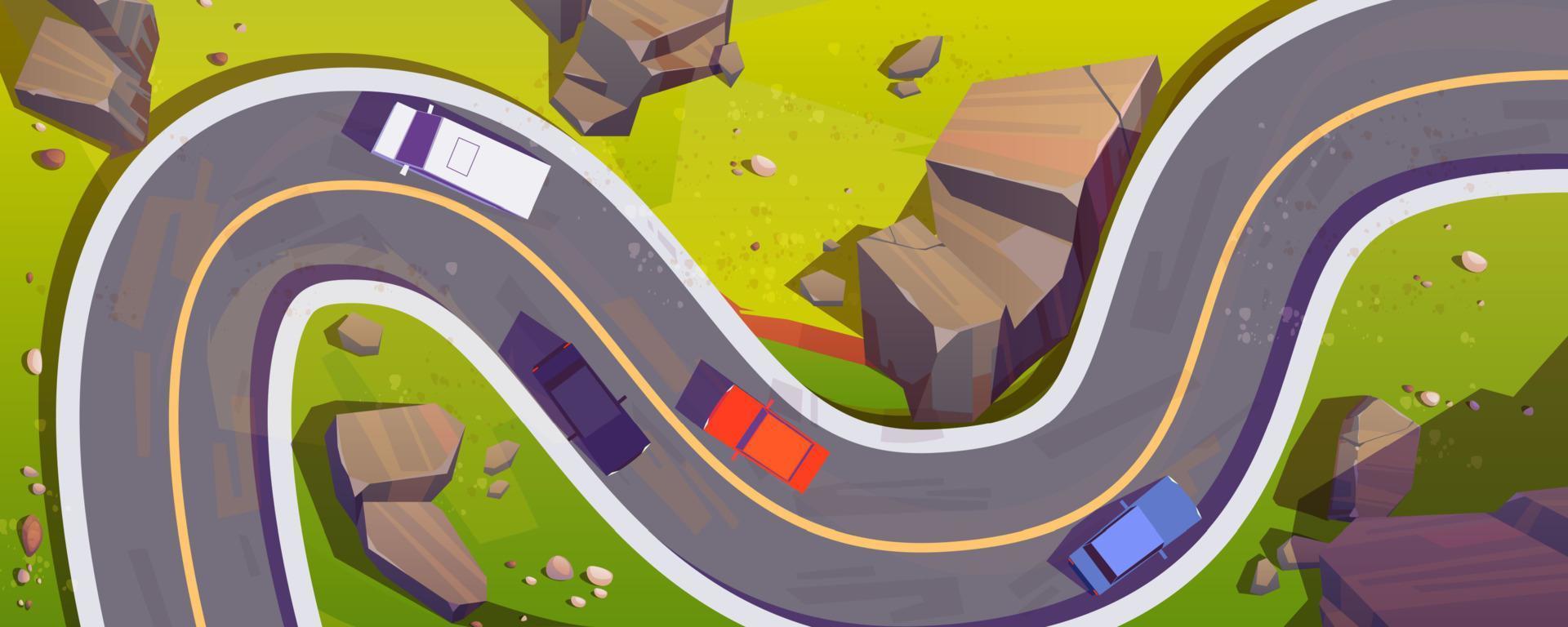 Road with cars top view, winding highway in rocks vector