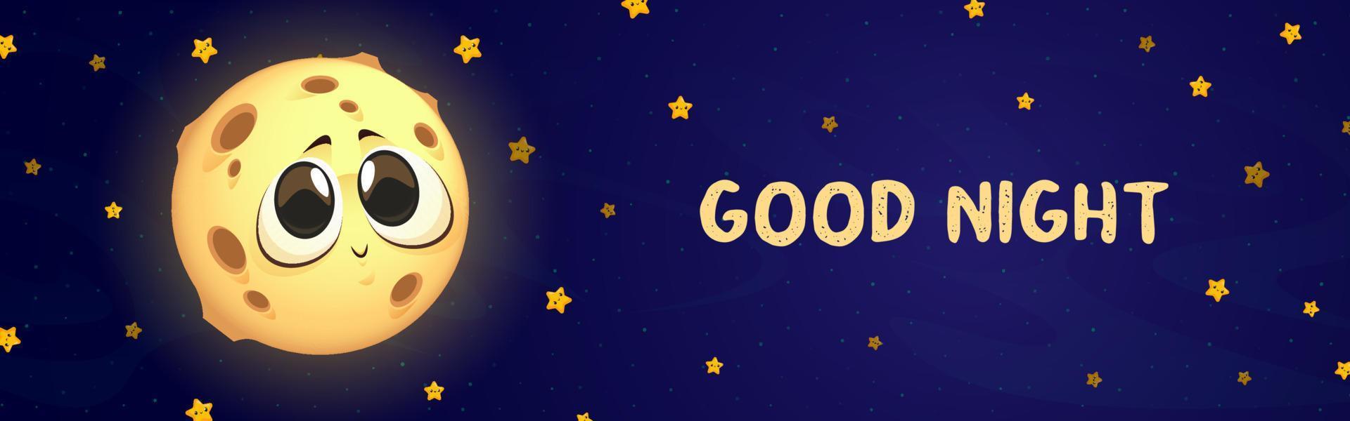 banner de dibujos animados de buenas noches con linda luna y estrellas vector