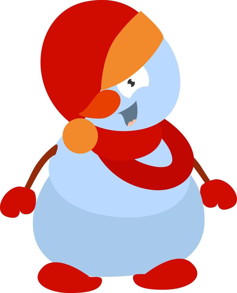 Snowman with red scarf, illustration, vector on a white background.