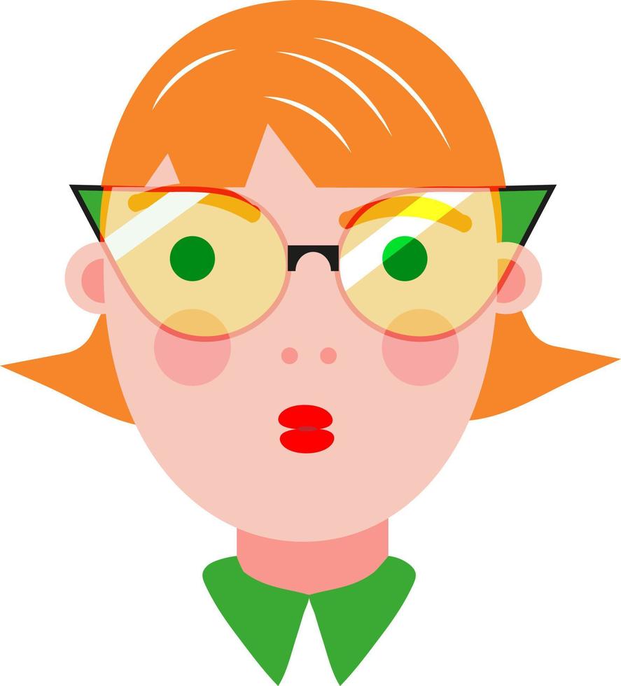 mujer de cabeza roja con gafas puntiagudas, ilustración, vector sobre fondo blanco.