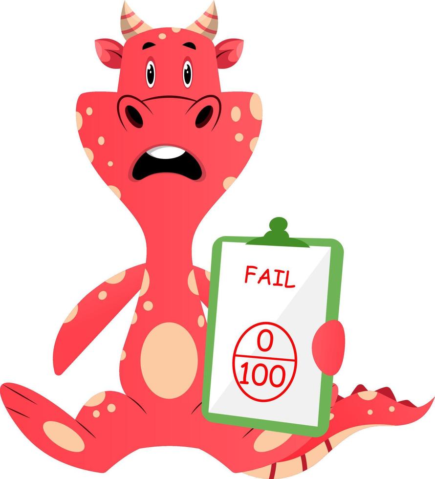 Red dragon is holding board with bad results, illustration, vector on white background.