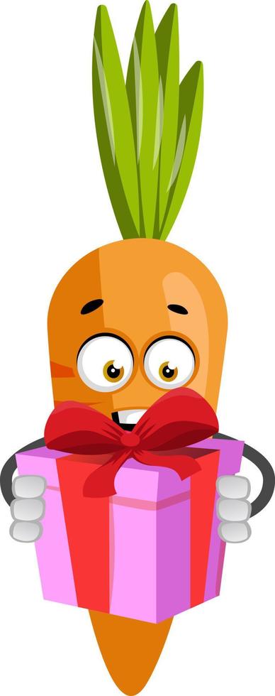 Carrot with birthday present, illustration, vector on white background.