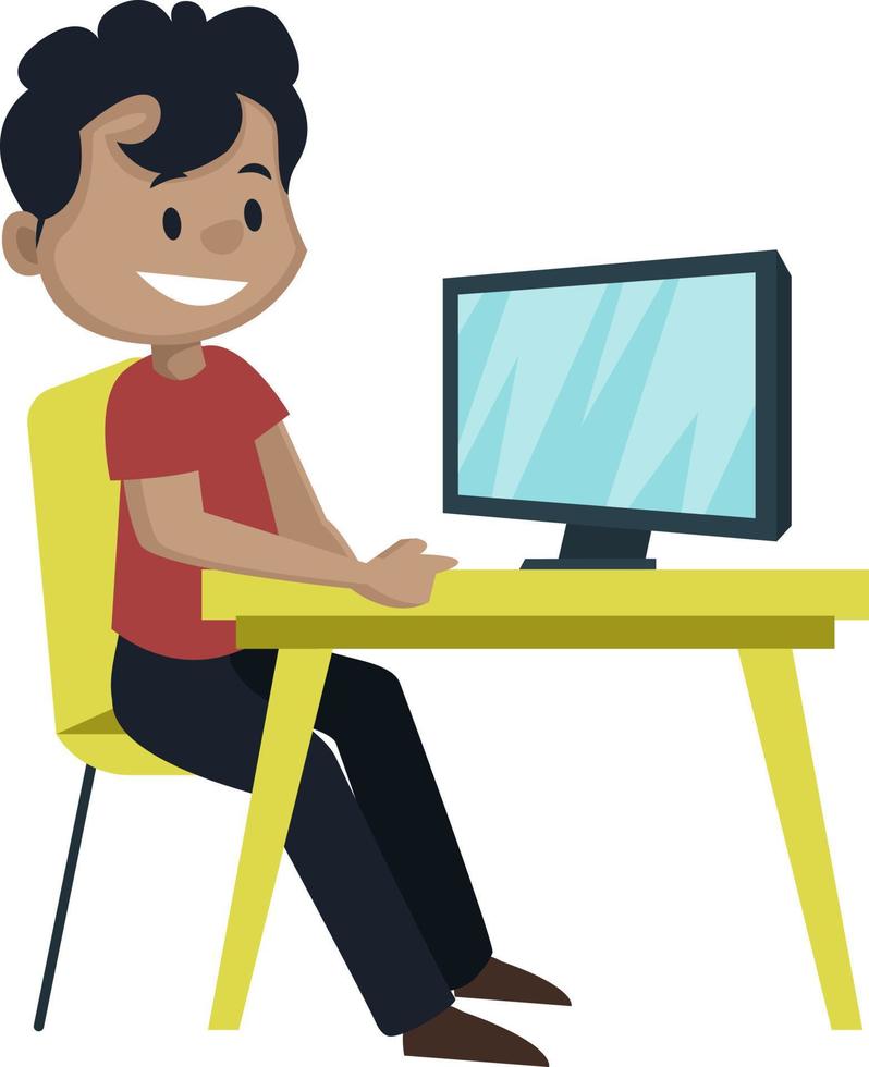 niño está mirando la pantalla de la computadora, ilustración, vector sobre fondo blanco.