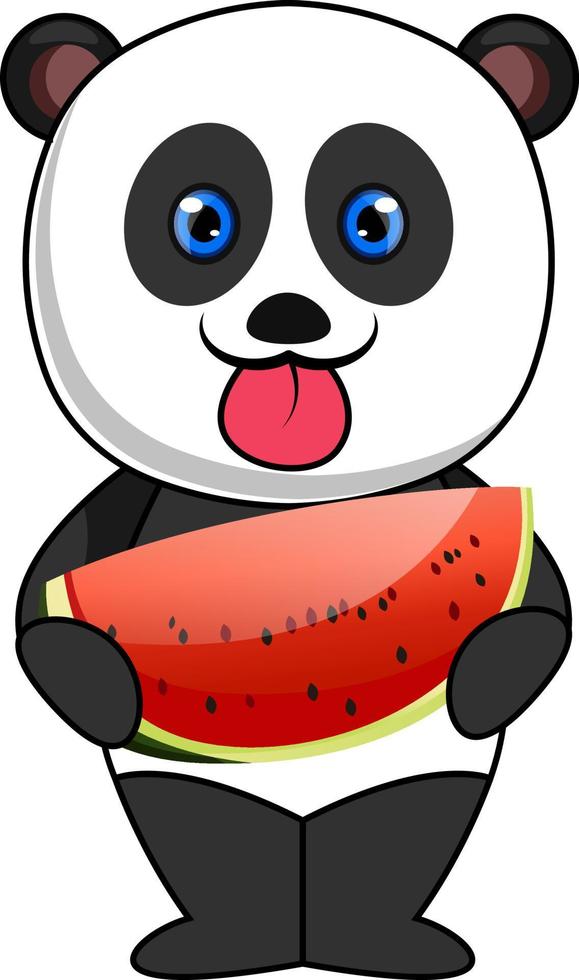 Panda eating watermellon, illustration, vector on white background.