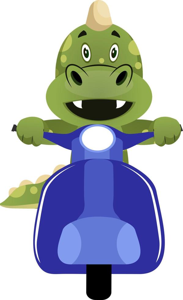Green dragon is driving scooter, illustration, vector on white background.