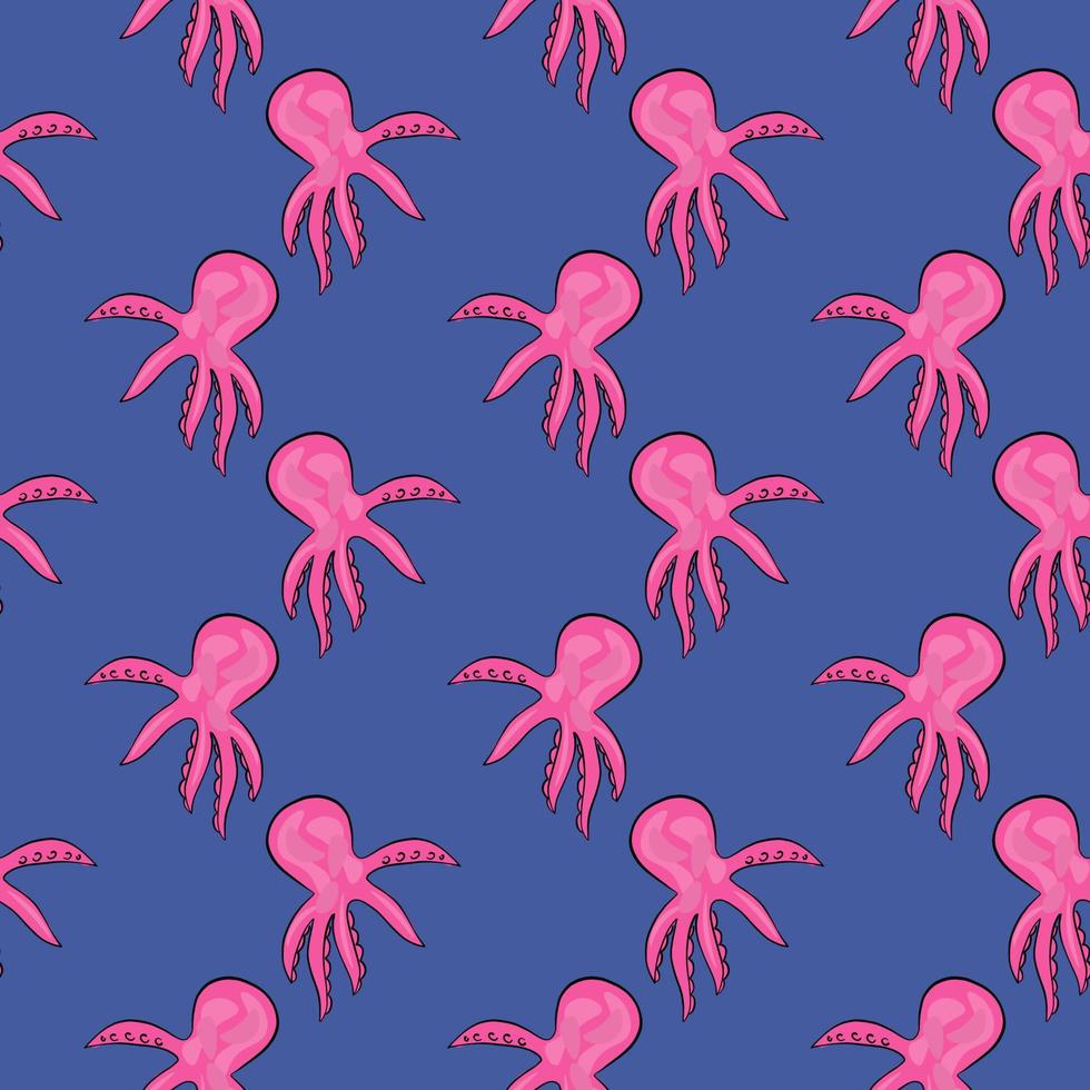 Pink octopus, seamless pattern on blue background. vector