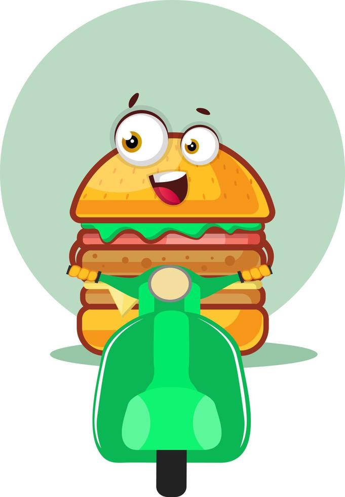 Burger is riding a motorbike, illustration, vector on white background.