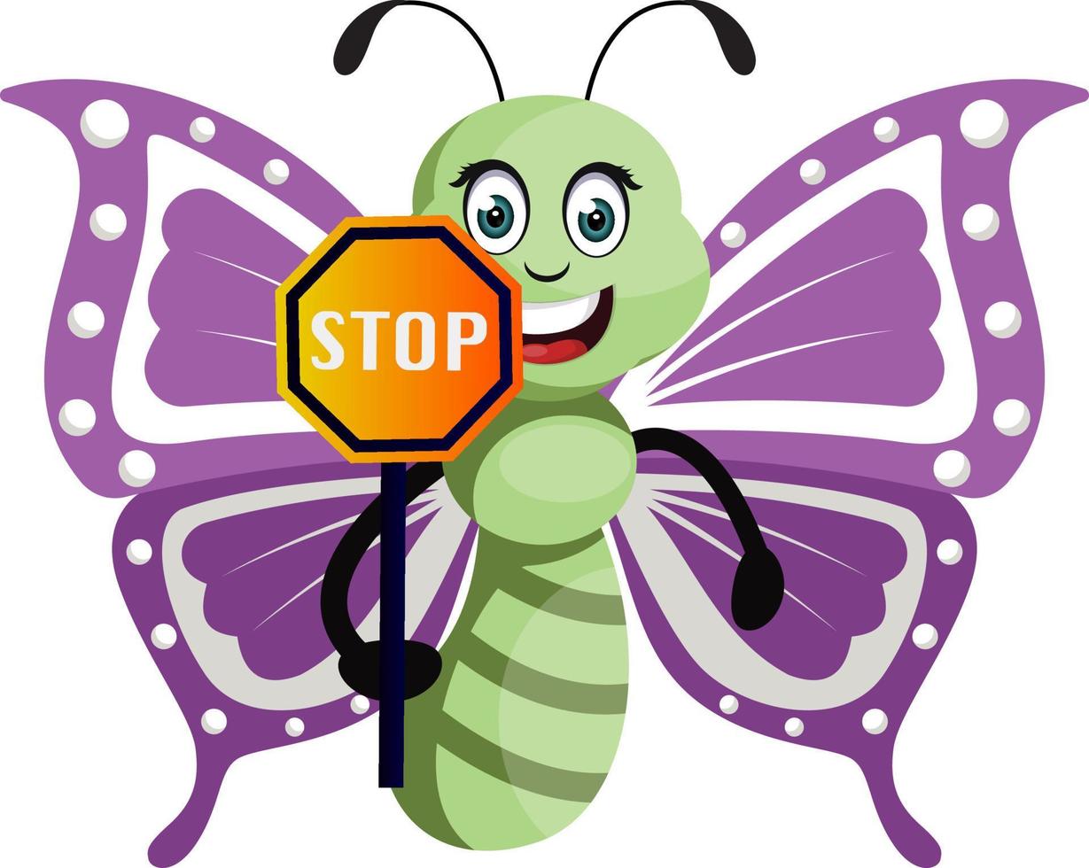 Butterfly with stop sign, illustration, vector on white background.